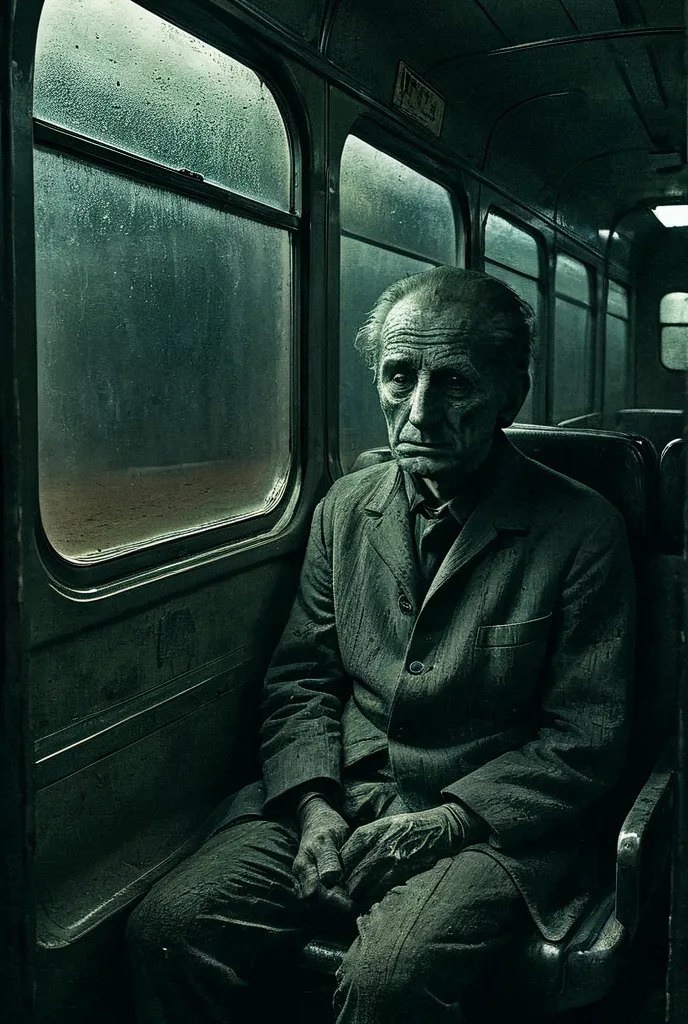 An old, dark train car, dust-covered seats. In the reflection of the window, a pale, eyeless face appears behind the unaware passenger.