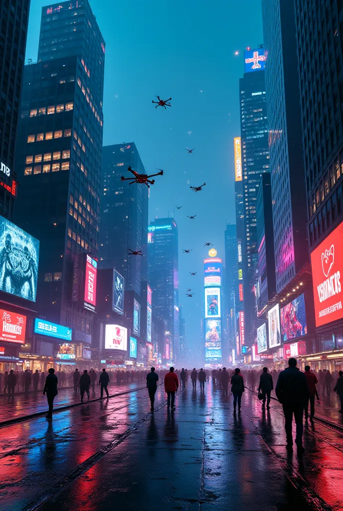 "A cyberpunk city at night,  with skyscrapers illuminated by neon , wet streets reflecting colorful lights, and drones flying across the sky. People in futuristic clothes walk the streets, while giant holograms display technological advertisements."