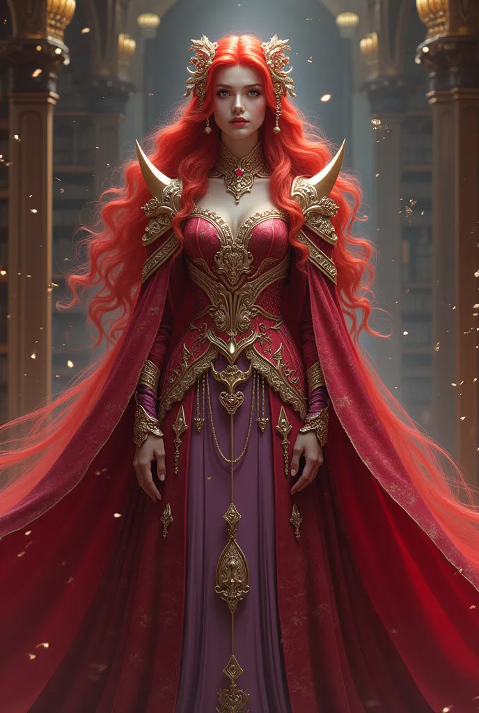 (masterpiece,best quality,absurdres,beautiful,aesthetic,detailed),in library,solo,1girl,IncrsLunarPrincessRanni,red hair,ornate dress, long sleeves, cape 