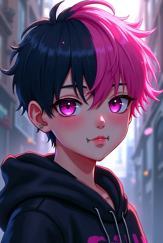 A boy with black hair on one side and pink on the other, With magenta eyes and two lip piercings, anime