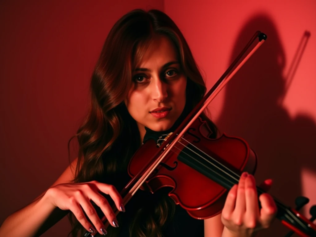 
A young woman with long brunette hair is the primary subject of the image. She is playing a violin, which is held beneath her chin.There is a noticeable red shadow cast on the wall behind her, highlighting the sinuous quality of her long hair. The woman i...