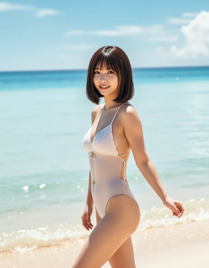 A young and beautiful Japanese woman is walking on the beach wearing a one-piece swimsuit. She is smiling sweetly. Super high resolution, super quality photo.