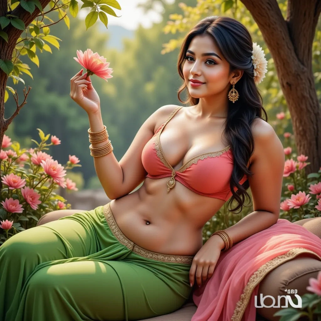 "A highly detailed, realistic painting of an elegant Indian woman lounging in a lush, dreamlike garden. She wears a flowing pink and green saree with intricate gold embroidery, draped gracefully over her body. Her long, wavy black hair cascades down her ba...