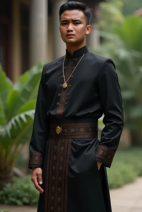 Wearing black baju melayu with sampin