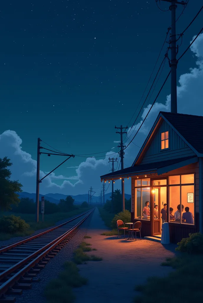 Nighttime scene with a dark blue sky filled with stars, reminiscent of the provided reference image. In the foreground, there is a single railroad track with no train present. Beside the track stands a one-story café building that emits a warm glow from wi...