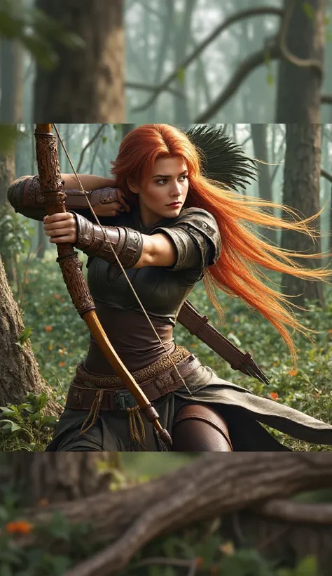 A female elven archer with her bow at full stretch, shooting an arrow.  She has long red gold hair which blows in the wind, and wears leather and cloth armour. Background is a tranquil forest, daylight, mood is edgy and dynamic