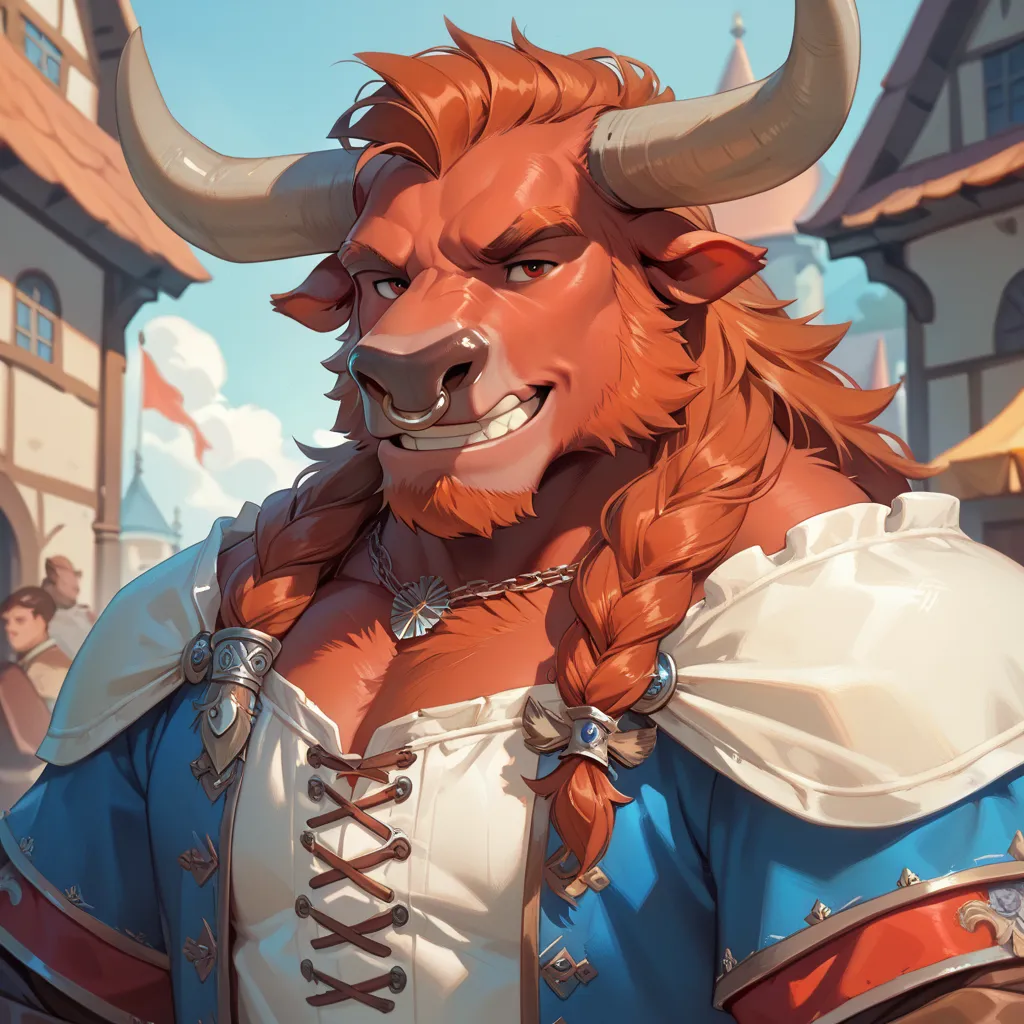 ((portrait)) A male minotaur with red fur, ((medieval clothes,))