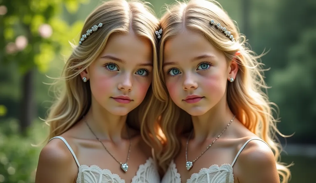 An image of beautiful twins with white skin , blue eyes, blond hair with silver locket of heart on their necks Let the background be in a park let it be a realistic photo.
