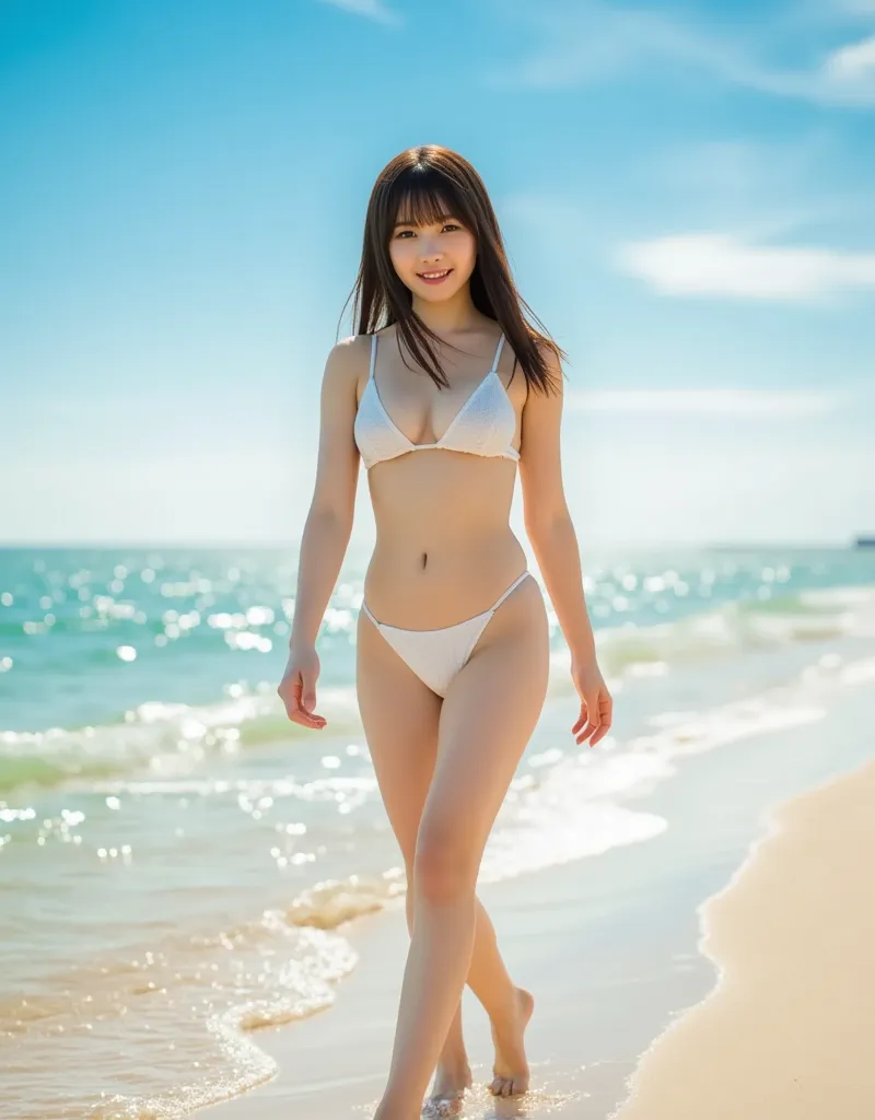 A young and beautiful Japanese woman is walking on the beach wearing a one-piece swimsuit. She is smiling sweetly. Super high resolution, super quality photo.