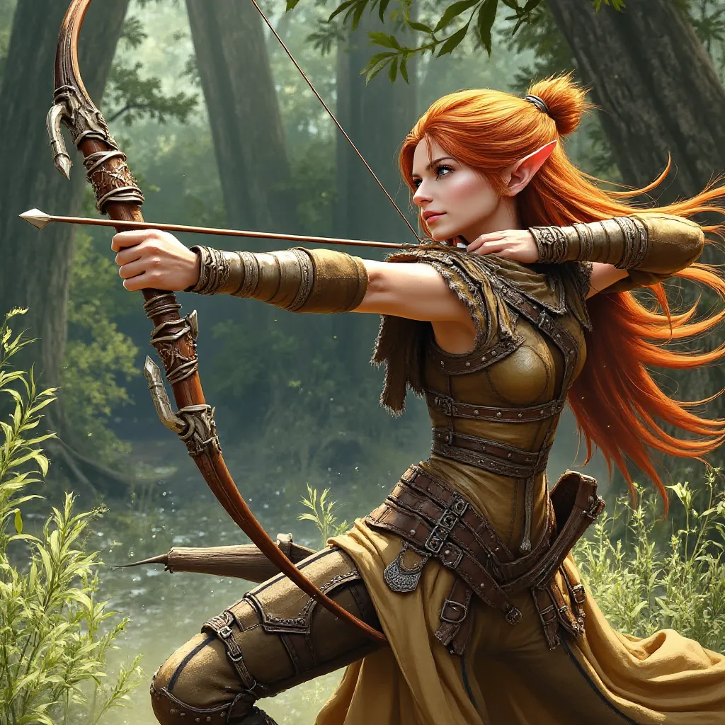 A female elven archer with her bow at full stretch, shooting an arrow.  She has long red gold hair which blows in the wind, and wears leather and cloth armour. Background is a tranquil forest, daylight, mood is edgy and dynamic