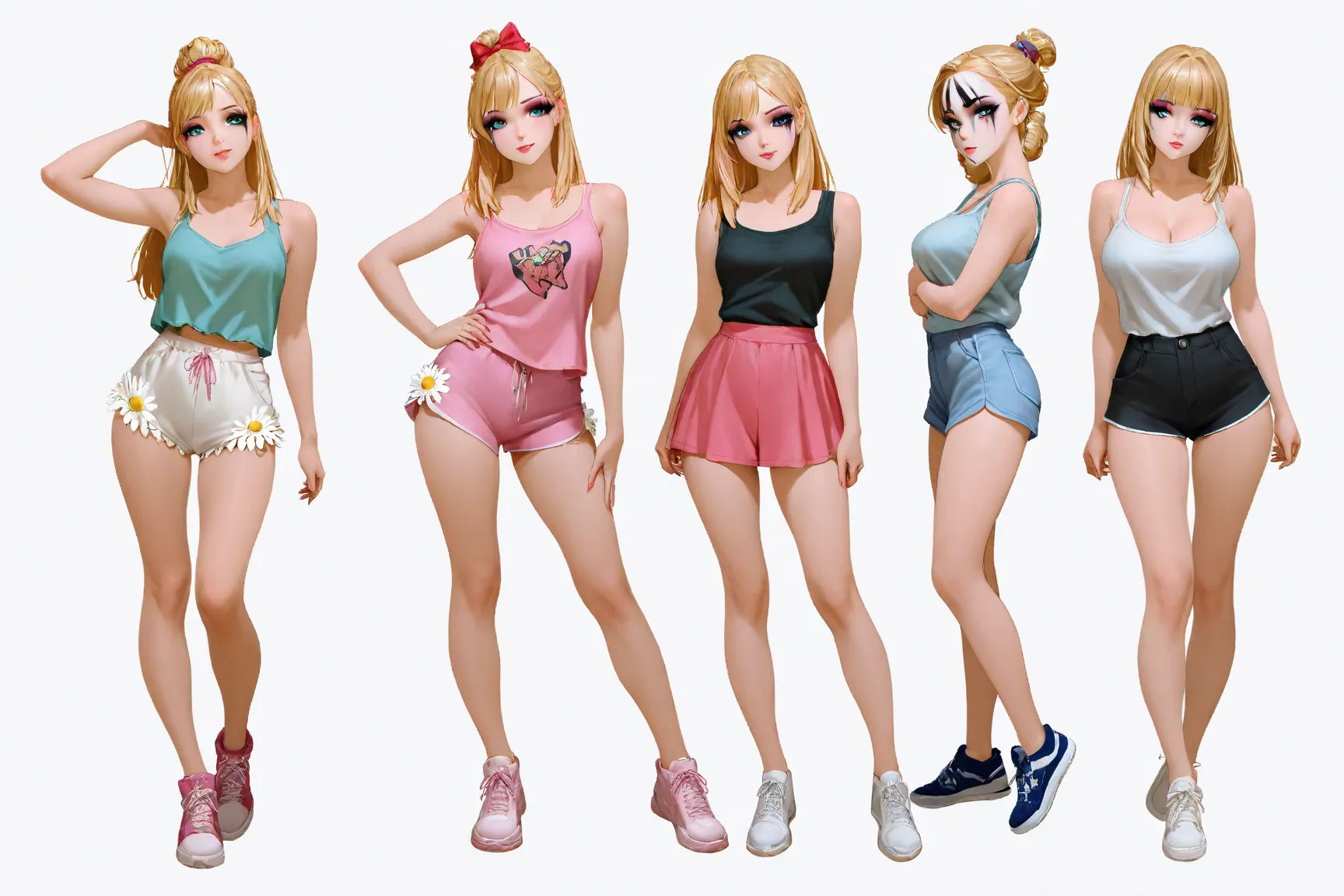 character study, King of the Hill's Louann (cute, blonde, heavy makeup, hair stylist student hairdo, busty, tank top, daisy duke shorts, sneakers, casual pose), show her from front, rearm and side, head to toe, blank background