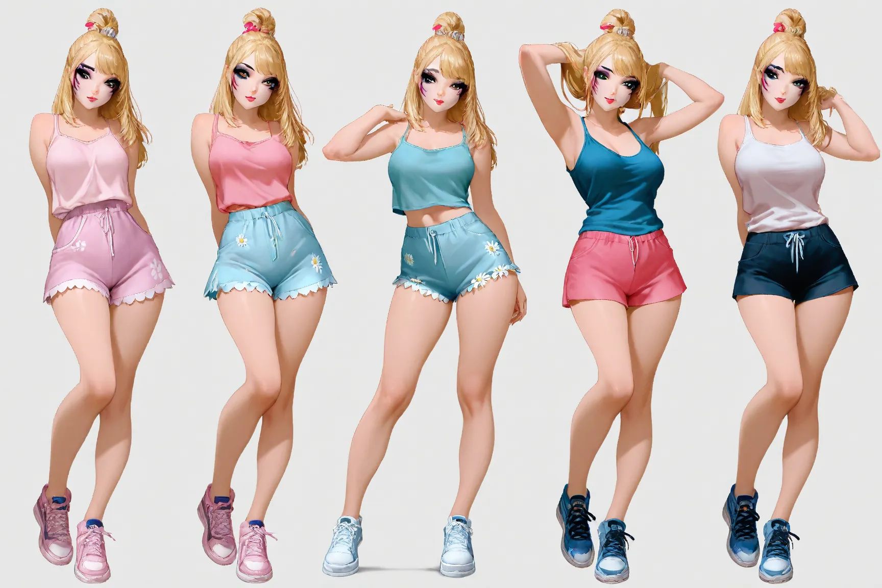 character study, King of the Hill's Louann (cute, blonde, heavy makeup, hair stylist student hairdo, busty, tank top, daisy duke shorts, sneakers, casual pose), show her from front, rearm and side, head to toe, blank background