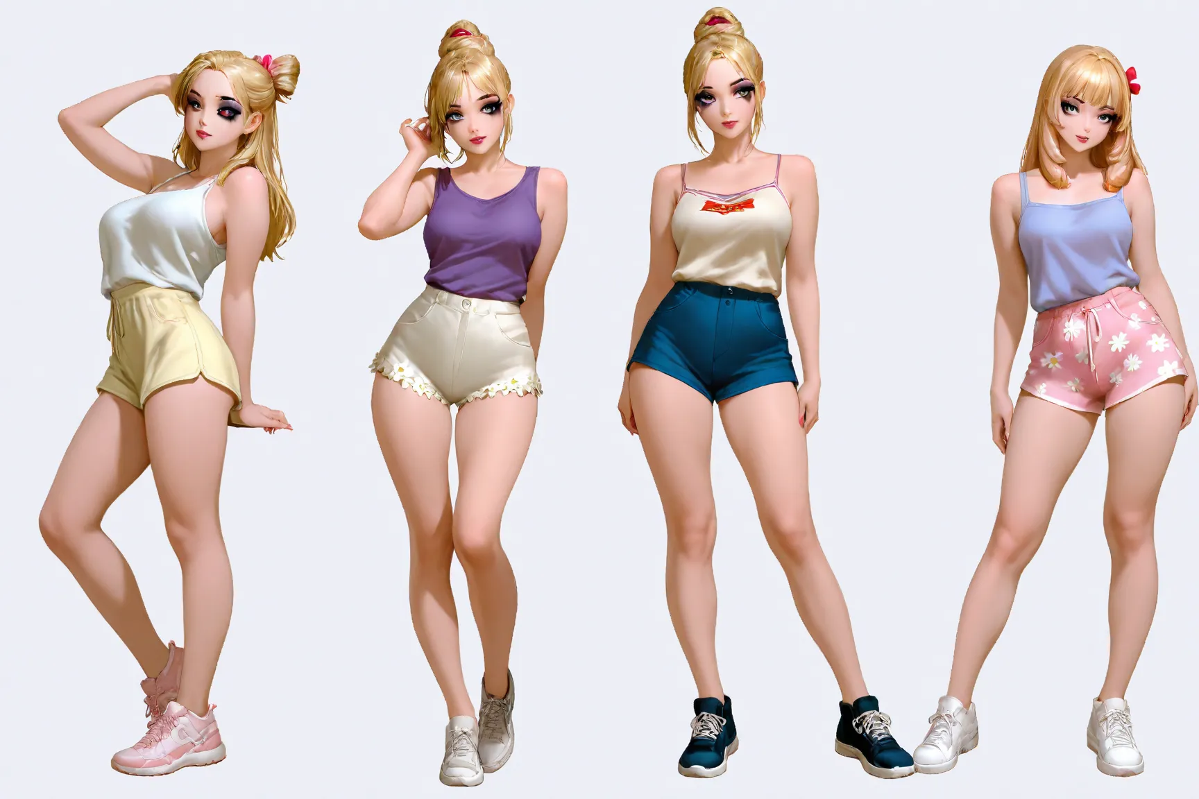 character study, King of the Hill's Louann (cute, blonde, heavy makeup, hair stylist student hairdo, busty, tank top, daisy duke shorts, sneakers, casual pose), show her from front, rearm and side, head to toe, blank background