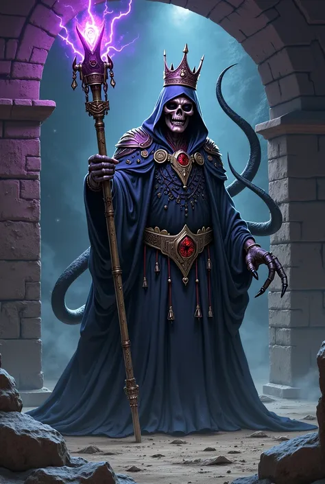 lich , wearing a hoodie , with a frightening crown, in the hands of a staff with a purple glowing artifact at the end , , tentacles curl from behind the back, sandstone dark dungeon