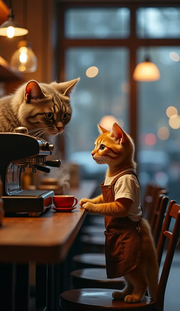 A small orange kitten, still dressed in its barista apron and slightly oversized white t-shirt, stands attentively beside an elderly cat barista in the quiet café. Its wide eyes are filled with curiosity and determination as it watches the older cat expert...