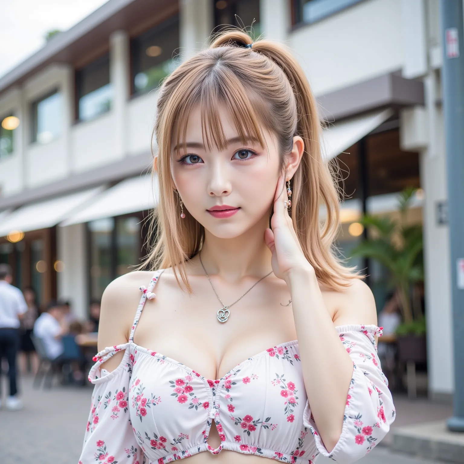 ((8K wallpaper)),((blond hair)),((side ponytail)),((big breasts,Big Breasts)),((dark eyeshadow pink with dark orange lipstick)),(( beautiful Japanese girl)),((Intelligent Glasses)),((street corner background )),((colorful manicure for nails)),((earrings, n...