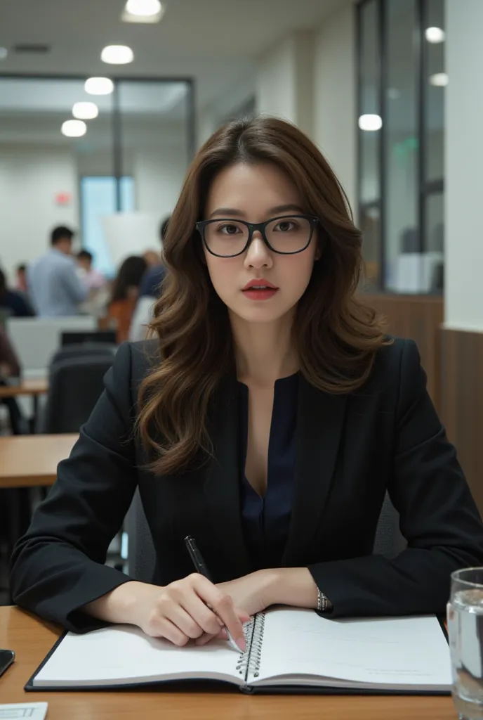  A woman, white, wavy brown hair, businesswoman, dark glasses,  well-designed lips , Sitting at a desk with notebook, cafeteria, professional photography, high definition,  realism 