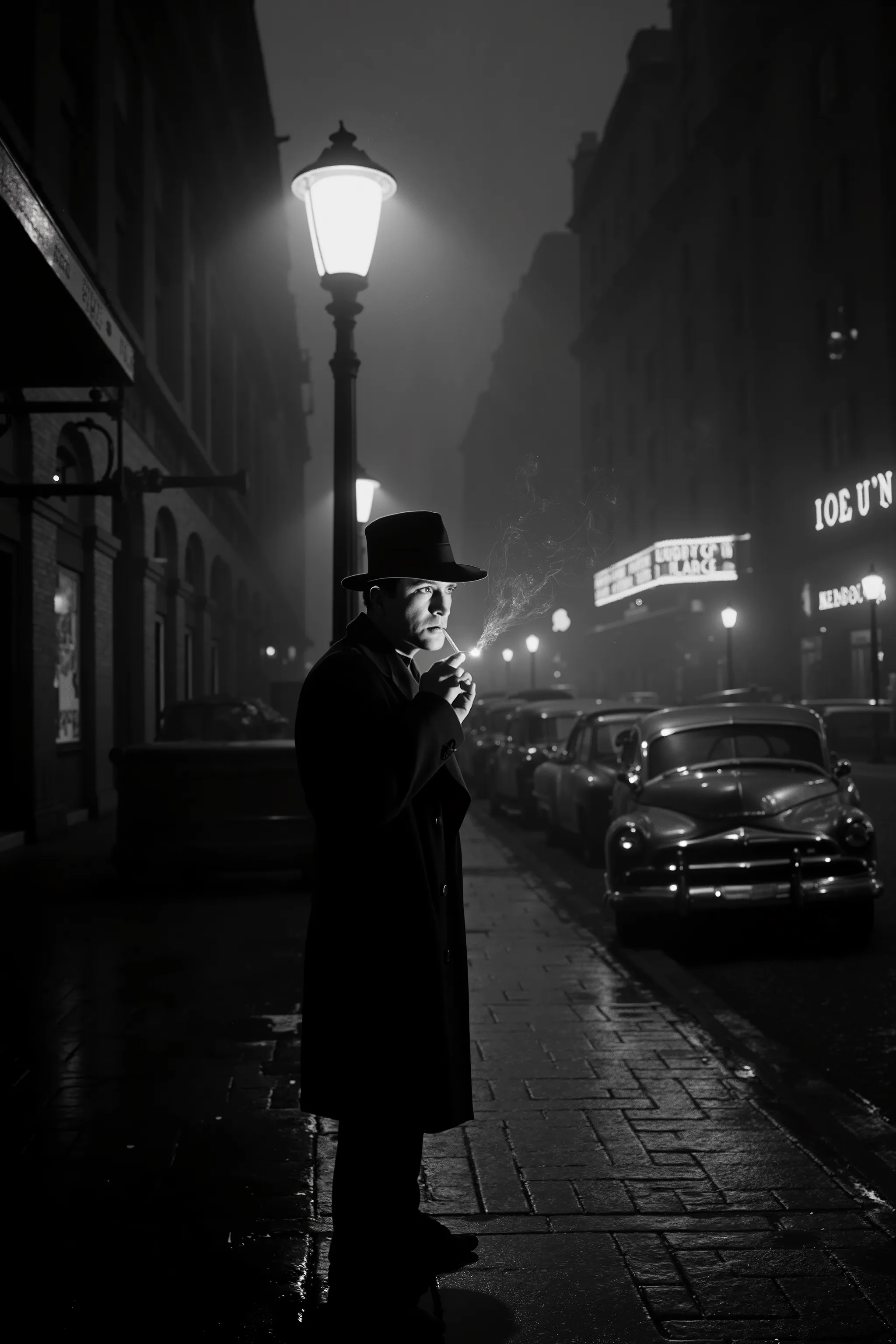 Create a cinematic black and white image of a lone detective in a classic film noir setting, standing under the dim glow of a flickering streetlamp on a rain-slicked city street at night. He wears a trench coat and fedora, the brim casting a shadow over hi...