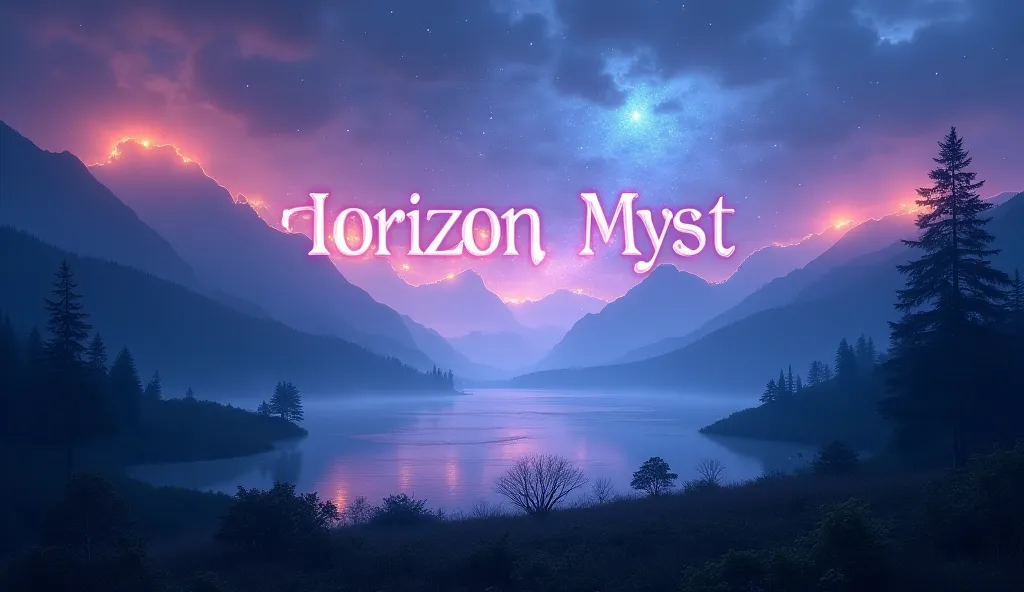 A wide, breathtaking landscape with a vast horizon and mystical atmosphere, perfect for a Facebook banner. The scene features distant mountains, an eerie, calm lake reflecting the sky, and a misty forest. Soft glowing lights fill the atmosphere with a magi...