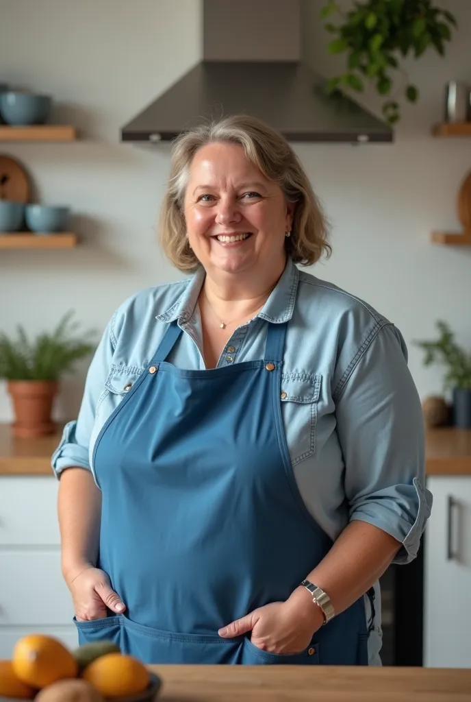 A slightly chubby 50-year-old woman in a blue apron posing for an advertising photo