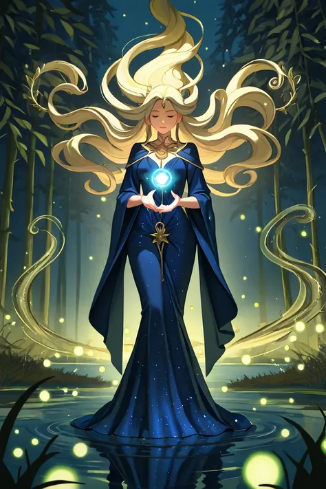 A mysterious woman stands at the edge of an enchanted lake, the water’s surface shimmering like liquid silver under the moonlight. She wears a flowing midnight-blue gown, embroidered with constellations that seem to shift and twinkle as she moves. In her h...