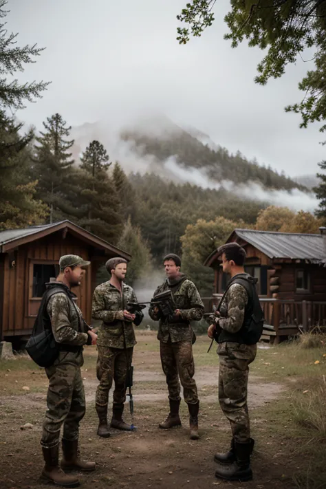 Four hunters are preparing for a hunting trip. They wear black and camouflage shirts, long pants, and boots, carrying rifles. They check their equipment in a rustic wooden cabin, surrounded by a misty forest in the early morning. The atmosphere is quiet, w...