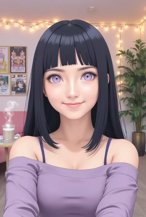 A vibrant digital illustration of a character resembling Hinata Hyuga from Naruto, styled for an Instagram story. The scene captures her in a cozy room filled with soft pastel colors, surrounded by decorative plants and warm fairy lights. She is smiling an...