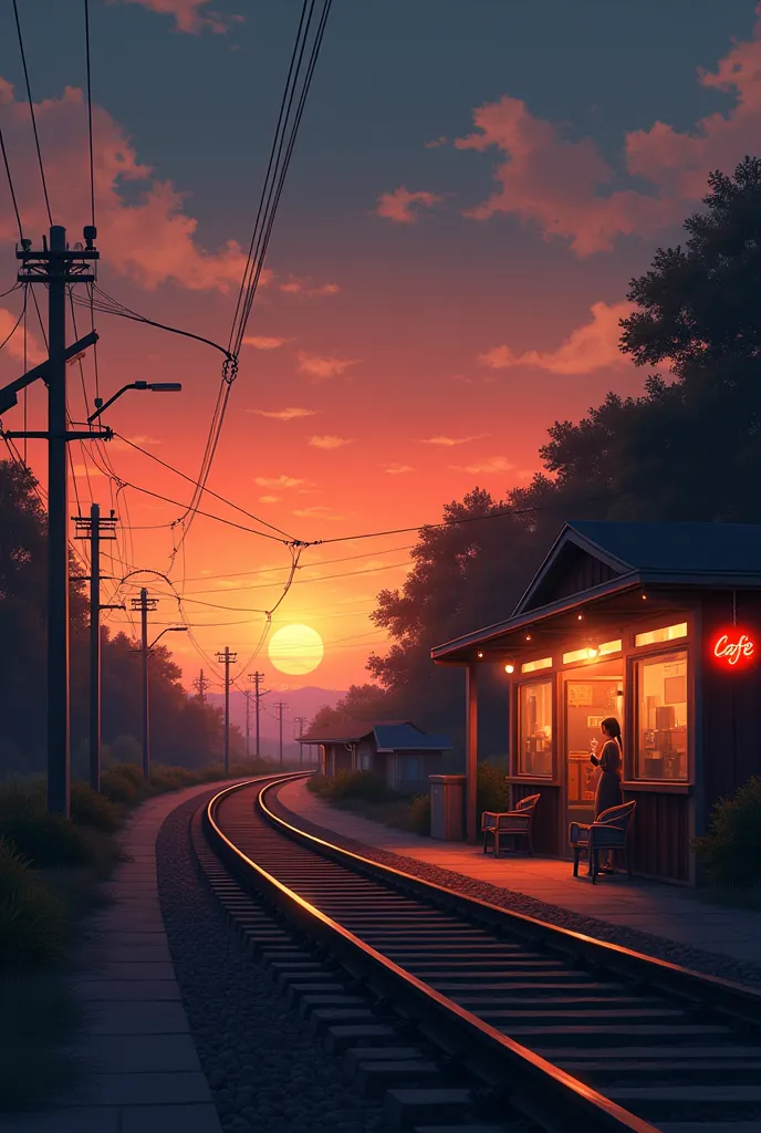 Evening scene with orange sky with sunset in the background, reminiscent of the reference image provided. In the foreground, there is a single railway line with no trains present. Next to the track is a one-story cafe that emits a warm glow inside. The caf...