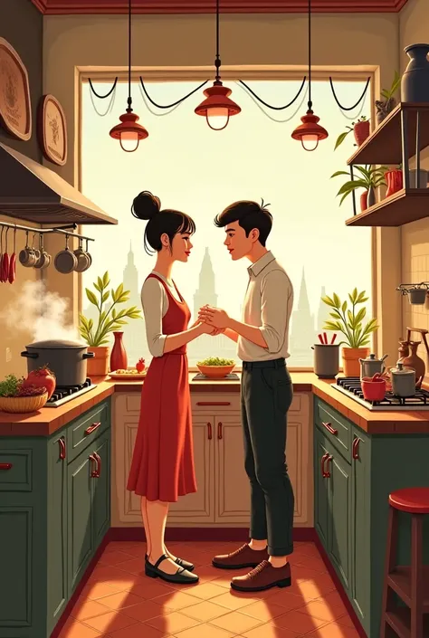 You design for me cartoon drawing photo for me to make radio cover with theme "Saigon, recollections and English" okay, with scene of 2 lovers cooking together in cozy kitchen