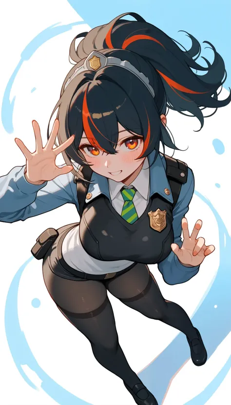score_9, score_8_up, score_7_up, score_6_up, score_5_up, score_4_up, (masterpiece: 1.0), best quality, 1girl , Alone, Viewer, simple background, Expression of disdain, Victory Gesture , blush, Disdainful Eyes, From above, Black Stockings, Police Unifor...