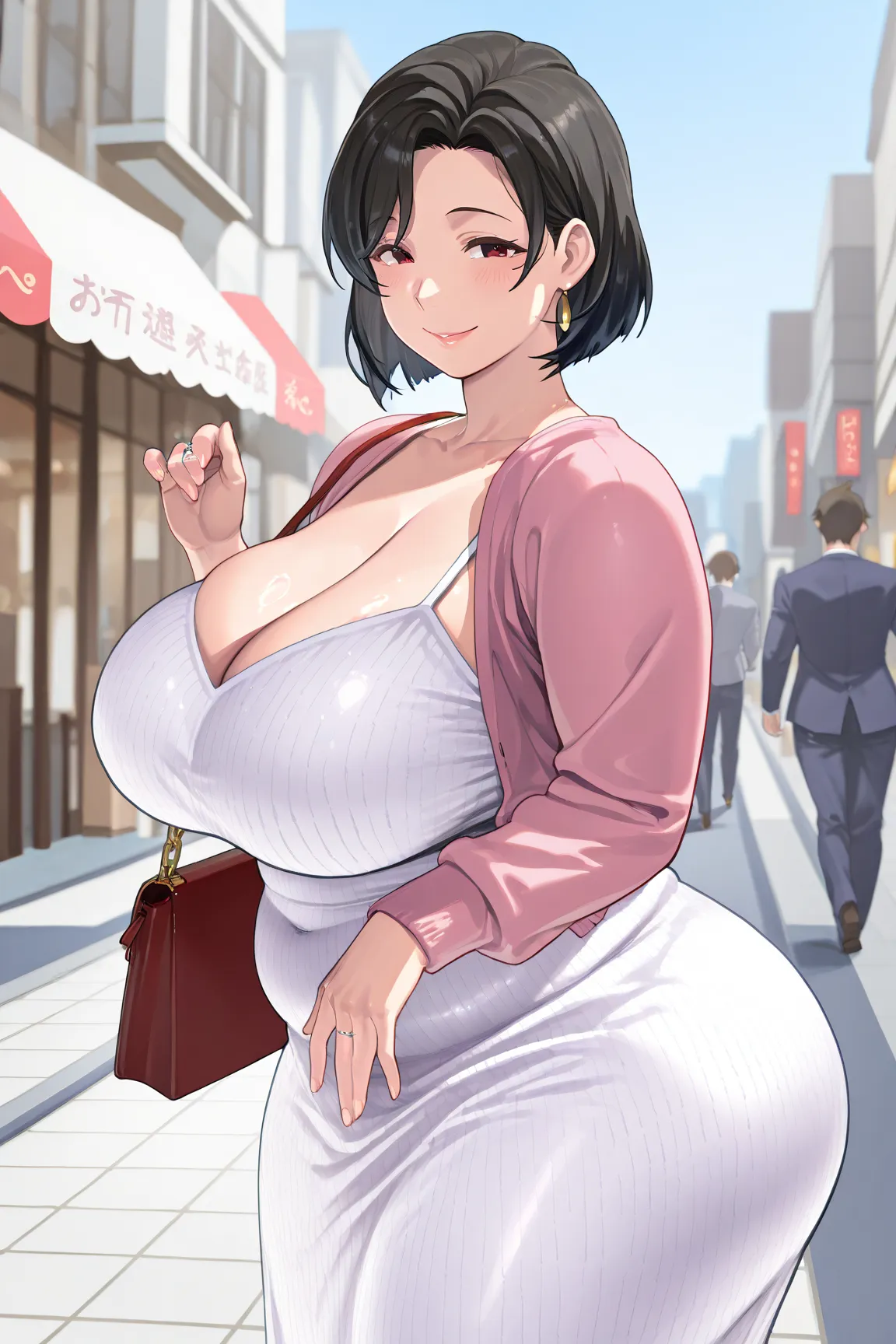 8k,high image quality、high quality、masterpiece、anatomically correct、accurate human body、perfect face、detailed eyes、5 Fingers,
noon、Clear skies、Outdoors、Japan、shopping street in the evening、Windy、 Costume、
 1girl 、Alone, 1 mature woman、huge breasts,saggy br...