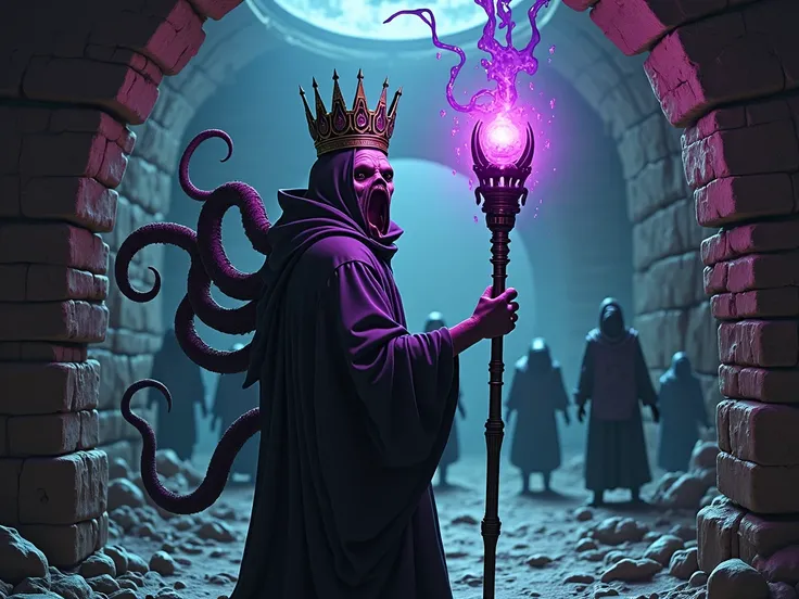 lich , wearing a hoodie , with a frightening crown, in the hands of a staff with a purple glowing artifact at the end , , tentacles curl from behind the back, sandstone dark dungeon-prison; captive people are chained to the walls