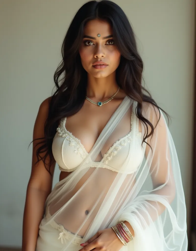 25 years old Beautiful brunette, biting her lip, , brown hair, Indian hair style, large breasts and visible cleavage, saree,trying to removing the bra, inhaled chest,wide open eyes, A plus curvy shaped body structure, wearing bangles on hand, bindi,high-qu...