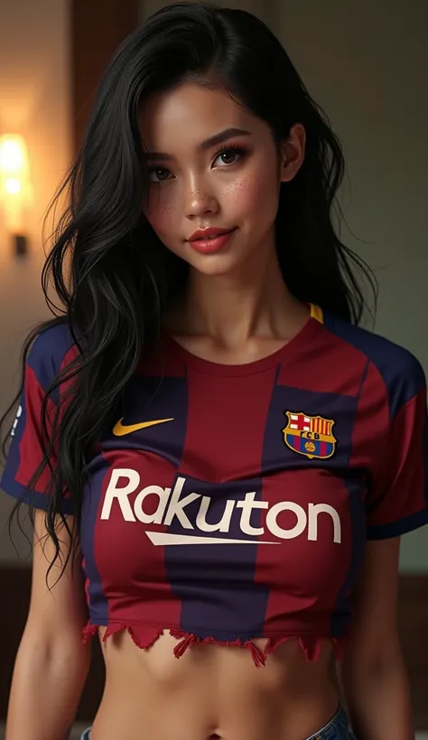 Playboy girl wearing the Barcelona shirt ,  ((, thin waist, cropped tshirt, underboob, thick thighs, curvy, sexy babe))(freckles 0.8, freckles on breasts, freckles on face)((long wet Black hair, ((deep detailed eyes, shiny skin, oily body)) smiling , curly...