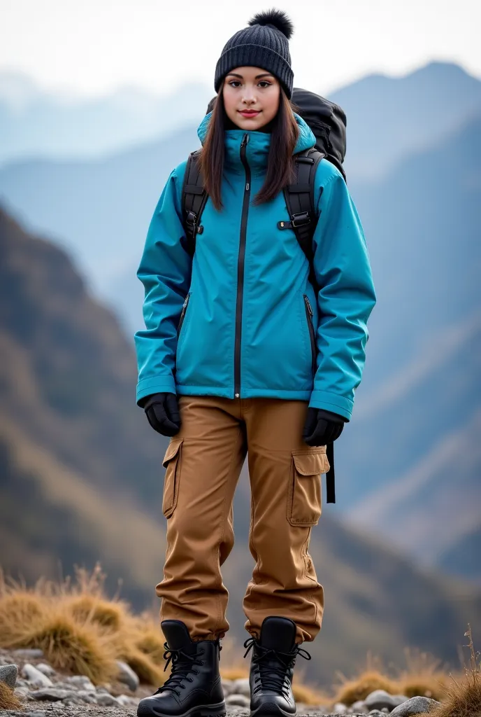 Front facing portrait, Real human photo, anie  is a 25 years old woma, oval face, medium and tall body, white skin. Shoulder length straight black hair, , large black eyes,  . Wearing   closed plain zipped up  light blue jacket,  brown  cargo pant, black w...