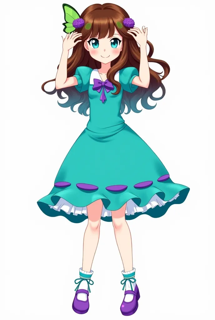 hair: You have wavy hair that ranges from brown at the roots to a bright turquoise hue at the tips. Besides, She wears a butterfly ornament with green and purple wings in her hair holding her bangs 
Eyes: Their eyes are large and bright turquoise 

Clothes...