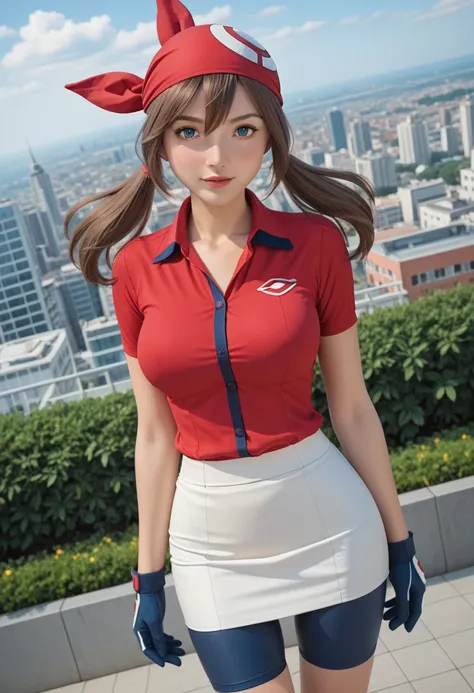  masterpiece,best quality,{{detailed beautiful face and eyes}},pokemonmay, blue eyes, brown hair, bandana, long hair, red bandana, twintails, hair between eyes, bike shorts, collared shirt, gloves, microskirt, multicolored shirt, pencil skirt, red shirt, s...