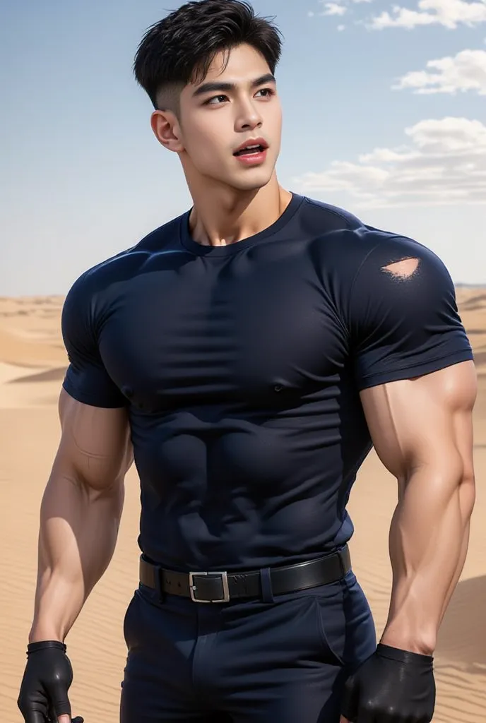  Anime Illustration , 1 handsome man wearing a ripped shirt,  short hair ,  Crew cut haircut ,   Wearing a round neck t-shirt ,  Solid blue t-shirt  , With a police belt ,  navy pants ,  black gloves , Korean Men, pectoral muscles, Big arm muscles, blood v...