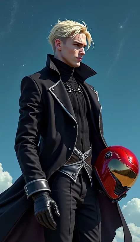 vampire young male assassin white mercenary with a slender full body, strong,  blond hair, showing teeth sharpened with blood, wearing a black coat and silver details in a blue sky with cosmic stars carrying in his hands a red motorcycle helmet with shiny ...