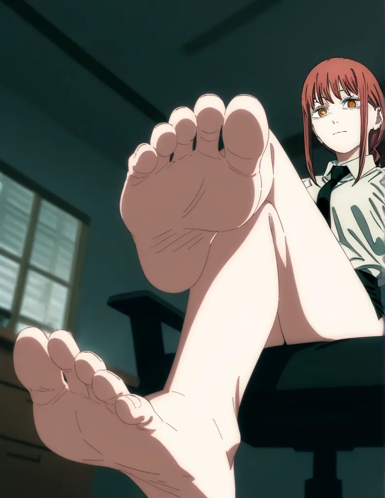 Solo,  score_9,score_8_up,score_7_up, source_cartoon, source_anime, makima chainsaw man, sitting, legs crossed, naked, barefoot, two feet. five toes, foot focus, indoors, in an office