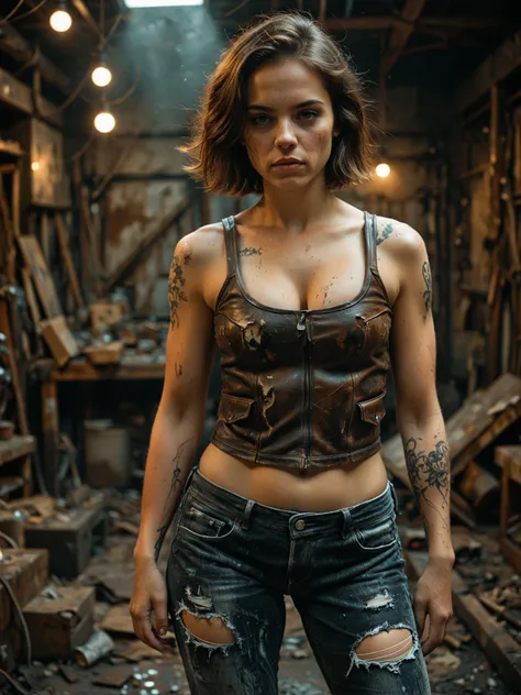 masterpiece, best quality, amazing quality, realistic, post-apocalyptic, close-up photo, 1 girl, brunette, short hair, fit, medium breasts, tattoos, huge thighs, leather vest, torn tank top, cleavage, torn low-rise jeans, posing, (looking at viewer:1.3), o...