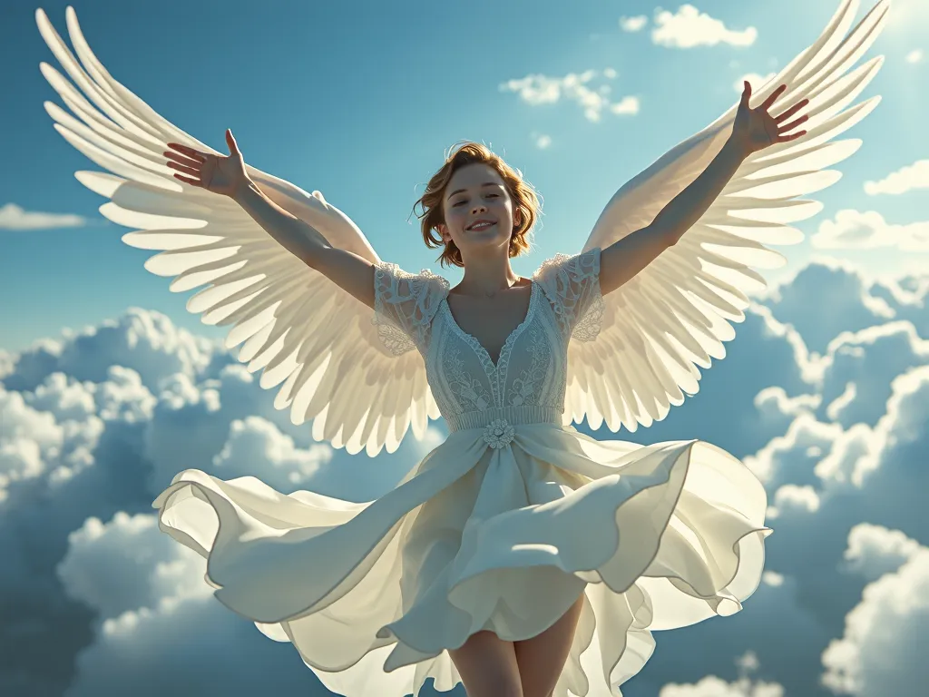 In a full-color, full-body, highly detailed cinematic scene from a big-budget fantasy movie, a short-haired woman, in the nude with white angel wings, is flying among the clouds while smiling.