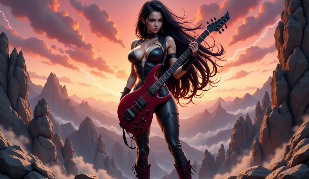 Azuka Niciko, a fierce female rockstar with long flowing hair, stands on a rugged mountain peak, playing an electric guitar. She wears a black and maroon gothic metal outfit—leather jacket with red accents, tight pants, high boots, and fingerless gloves. T...