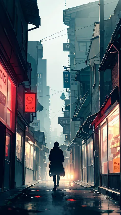 An old shopping street lined with closed-down stores, faded shop signs barely hanging, daytime—only a few people passing by, the atmosphere quiet and melancholic, but at night—dim streetlights casting flickering shadows, eerie silhouettes moving between th...