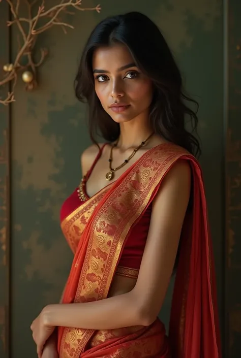 indian girl showing open thighs sitting and slim armpits with both hands up in the air in only sleeveless traditional blouse saree showing cleavage, small sized  and also navel