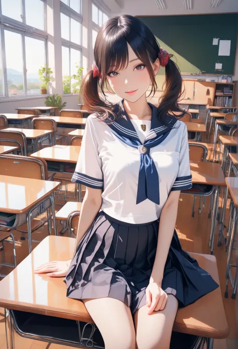 a high school girl sitting in a classroom, looking directly at the camera with a calm and gentle expression, wearing a sailor-style school uniform, intricate details, photorealistic, beautiful lighting, realistic, natural skin tones, sharp focus, detailed ...