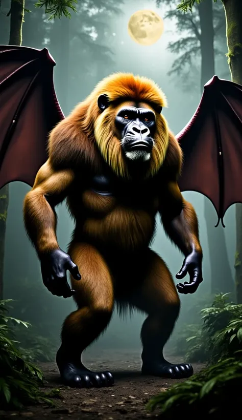 Create a highly detailed fantasy creature that is a Dolan Trump of a gorilla and a bat. The creature has the muscular body and powerful legs of a lion, covered in golden fur, but with large, leathery bat wings extending from its back. Its face is a blend o...