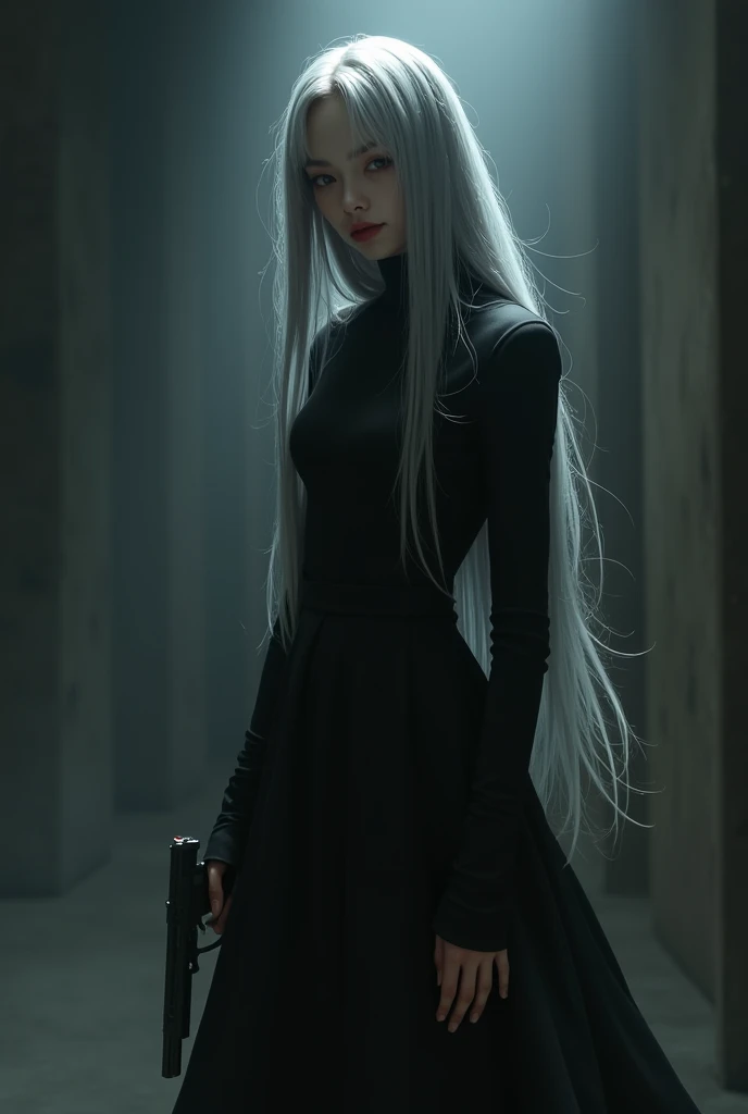 A girl with long gray hair in black clothes stands with her back forward and holds a gun in her hand behind her back