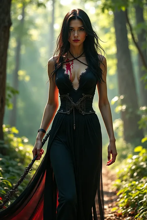 I draw a beautiful woman with her black hair and her sexy black clothes covered in blood while carrying a magic wand while walking in the forest 