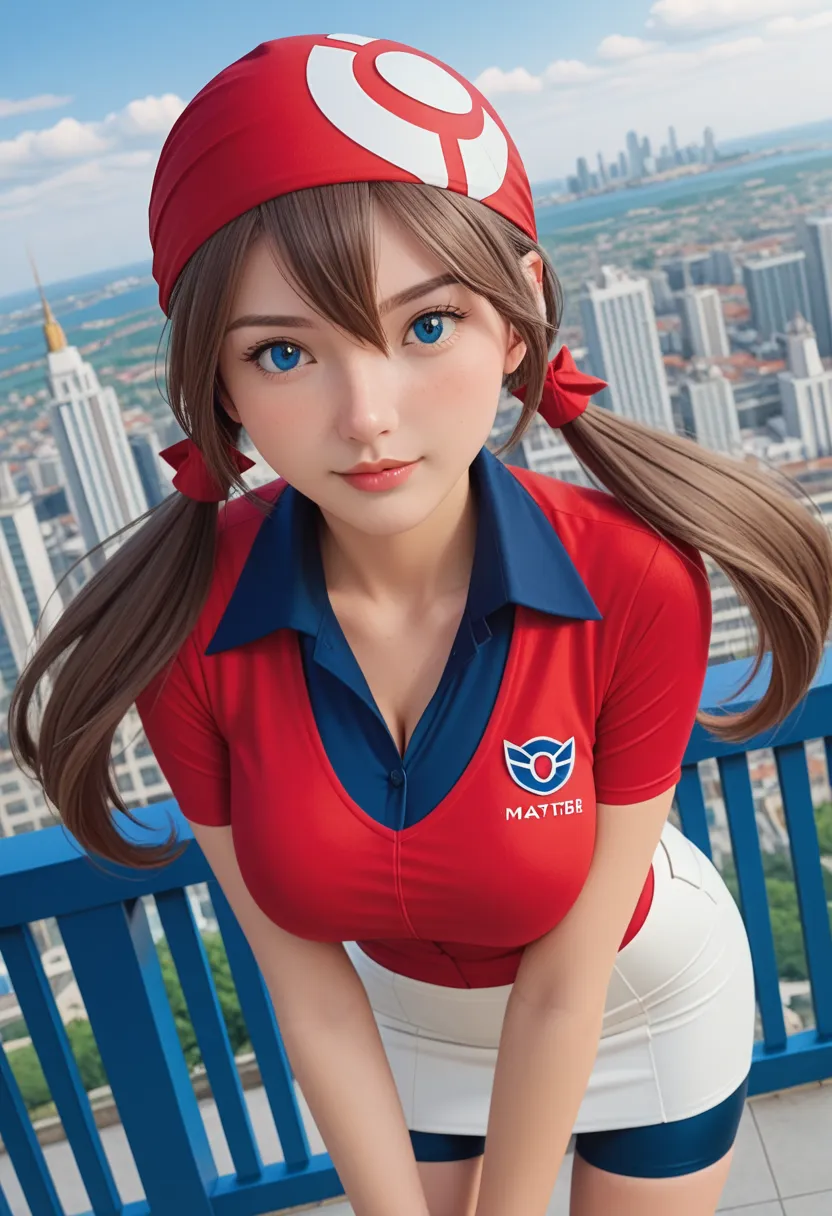 masterpiece,best quality,{{detailed beautiful face and eyes}}, pokemonmay, blue eyes, brown hair, bandana, long hair, red bandana, twintails, hair between eyes, bike shorts, collared shirt, gloves, microskirt, multicolored shirt, pencil skirt, red shirt, s...